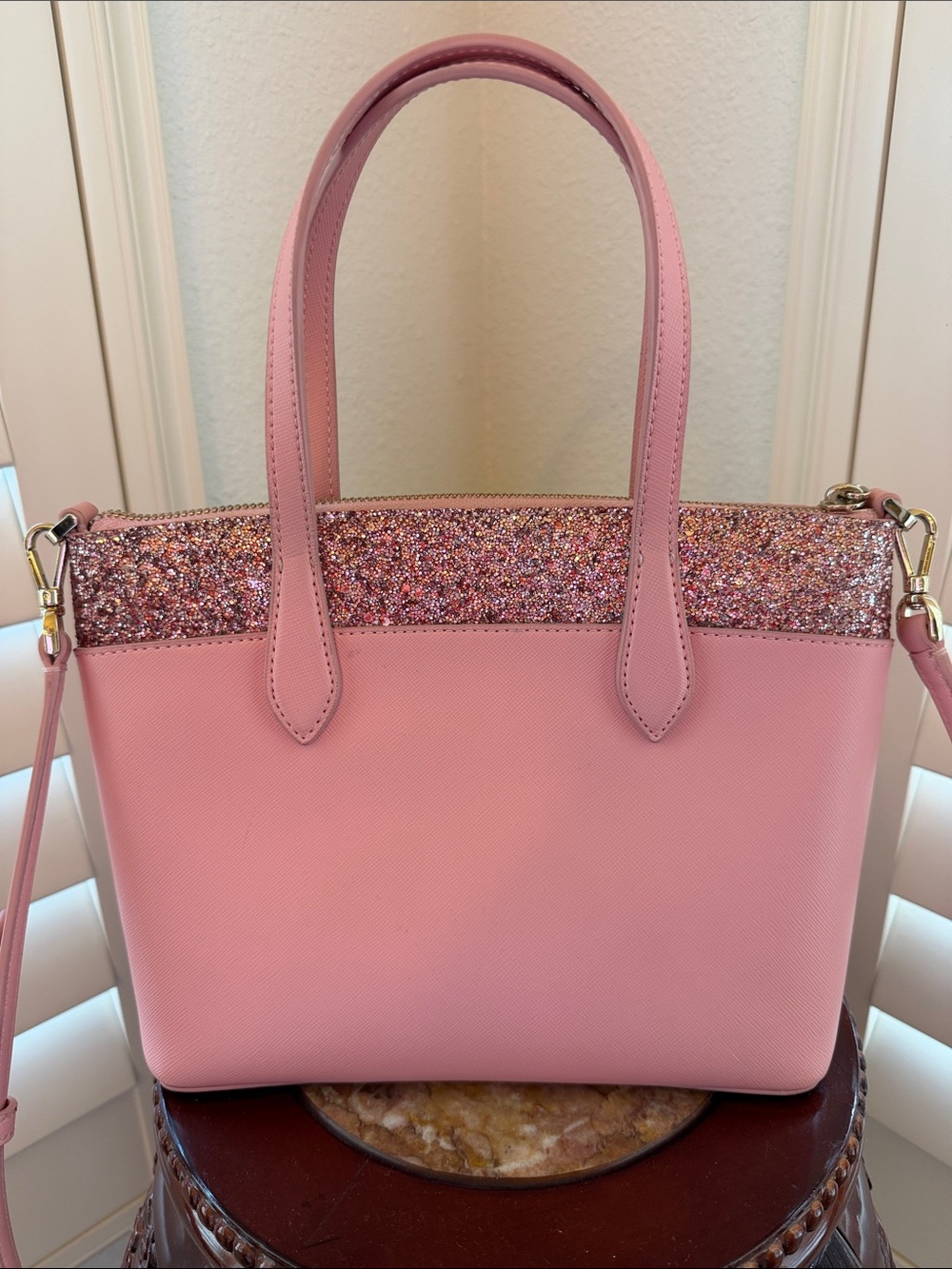 Kate Spade Pink Glitter Mixed In Tote Bag Authentic Crossbody Top Zipper - Picture 4 of 11
